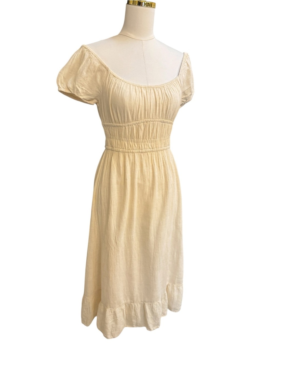 SIM & SAM Cream Linen Blend Smocked Midi Dress Size M Cottagecore Boho - Picture 6 of 6